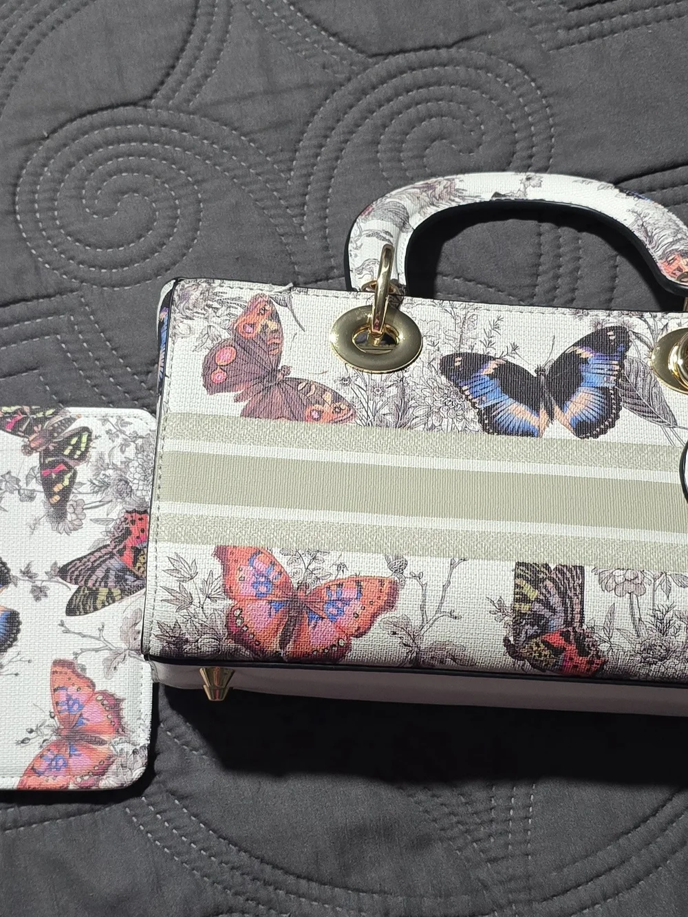 Butterfly Print White Top-Handle Bag